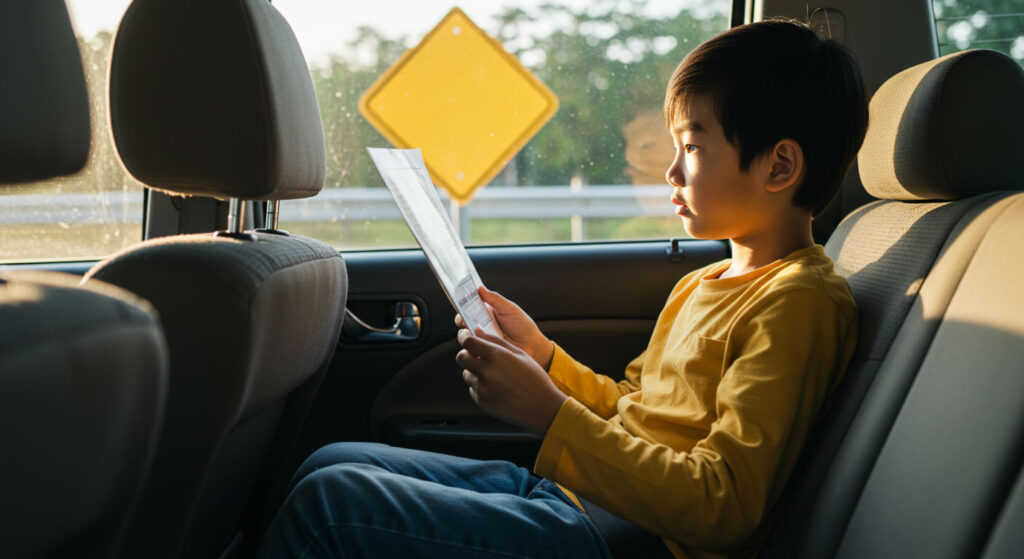 Seorang anak sedang duduk di kerusi belakang kereta sambil membaca papan tanda di luar tingkap.