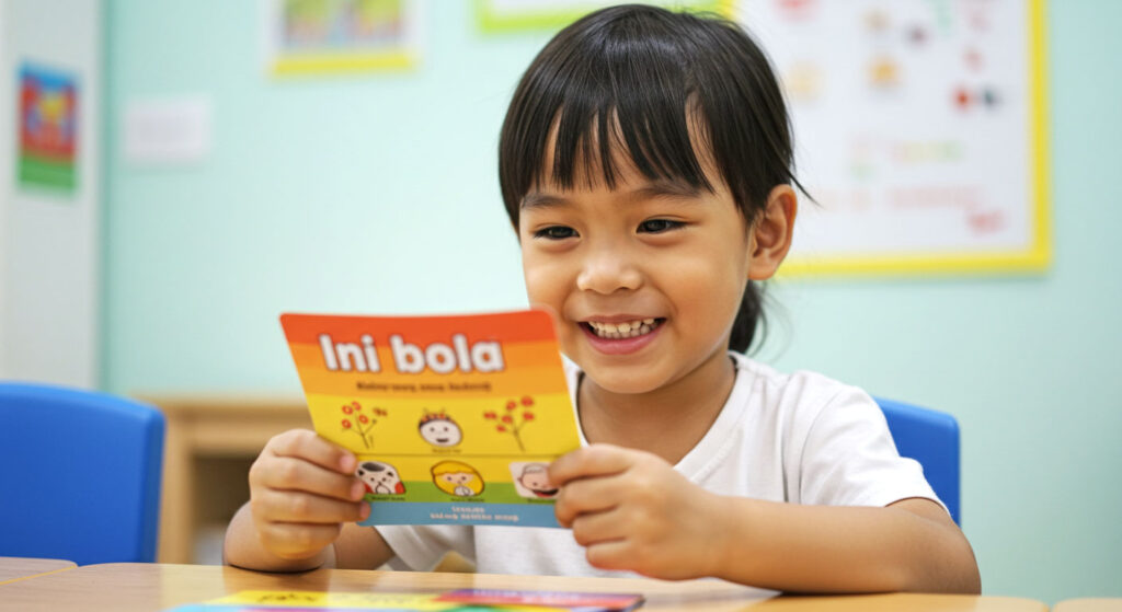 Anak sedang membaca kad imbas dengan teks pendek dan jelas, menunjukkan bagaimana teks pendek membantu anak belajar lebih mudah.