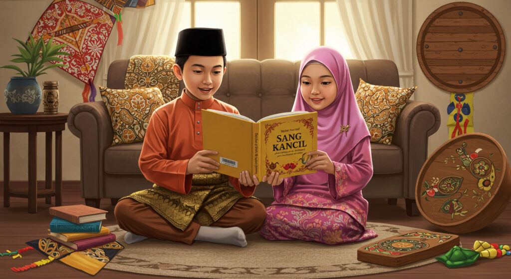 Two Malay children in traditional clothes reading a folklore book “Sang Kancil” in a living room with cultural elements like batik, wau bulan, and congkak.