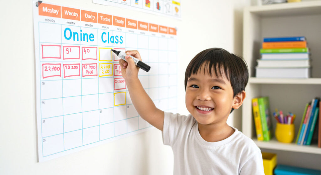 Anak menanda jadual mingguan kelas online di dinding dengan ceria.