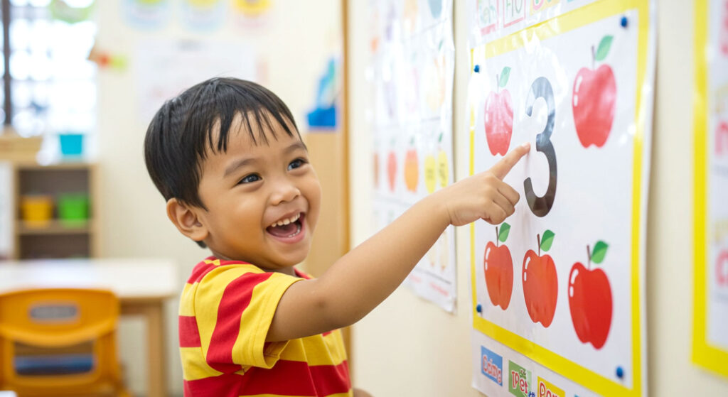 Seorang anak sedang menunjuk carta nombor berwarna di dinding dengan ekspresi ceria.