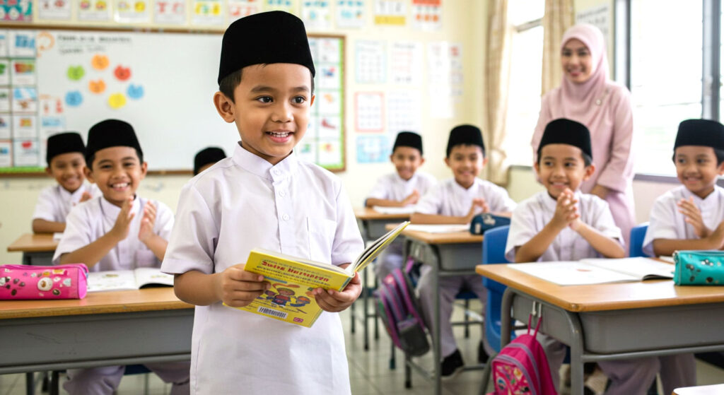Anak pemalu berdiri di hadapan kelas sambil bercakap dengan buku di tangan, disokong oleh guru dan rakan sekelas.