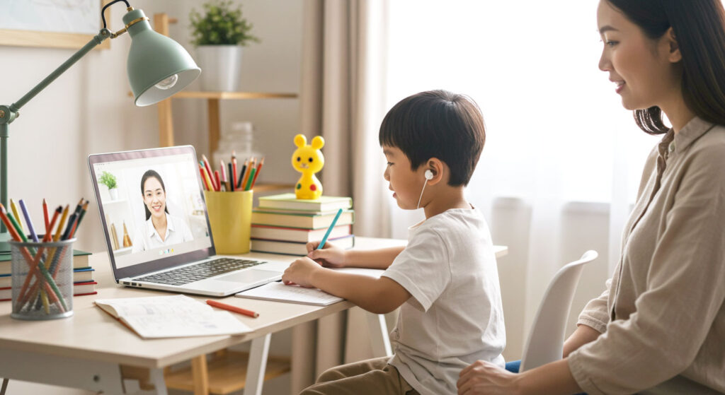 Kanak-kanak sedang belajar melalui kelas online di laptop, ditemani ibu dalam suasana bilik yang cerah dan selesa.