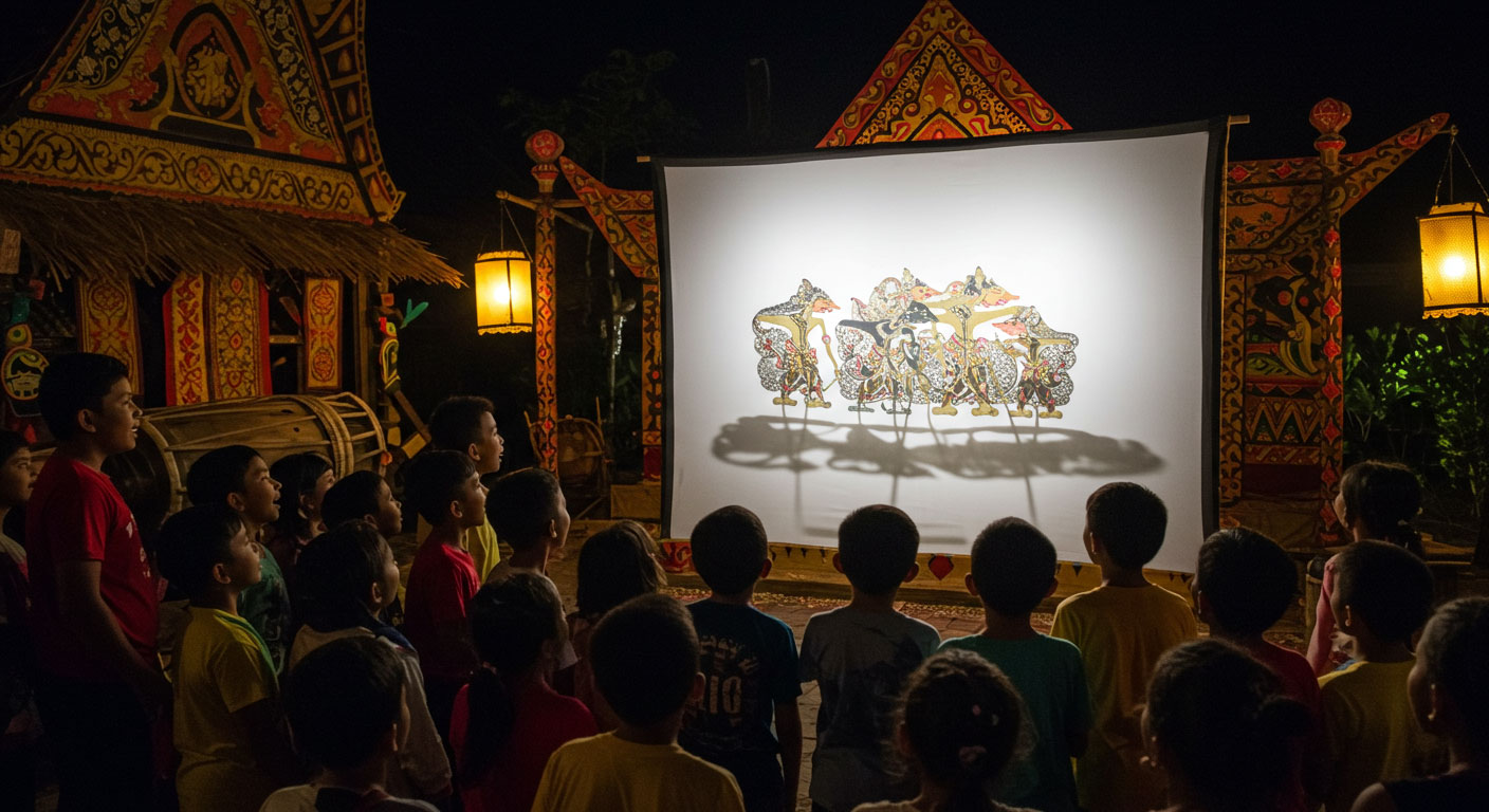 Sekumpulan anak ceria sedang menonton wayang kulit dengan penuh minat, melambangkan cara cerita tradisional dekatkan anak dengan budaya.