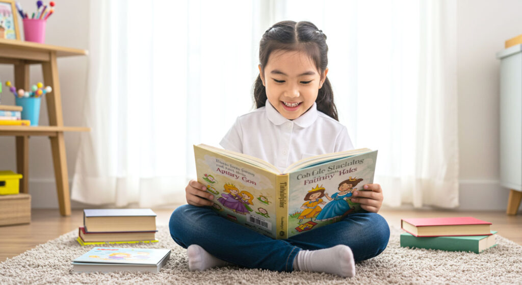 Anak perempuan duduk di ruang tamu sambil membaca buku cerita dengan gembira.