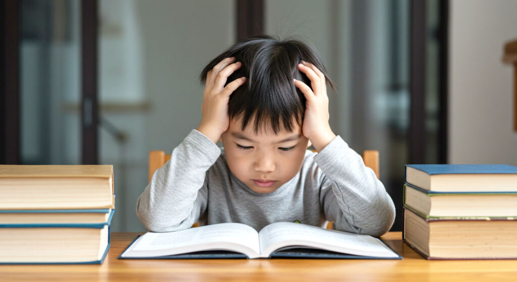 Anak stress belajar di meja dengan memegang kepala, menunjukkan tekanan akibat terlalu banyak membaca atau mengulang kaji.