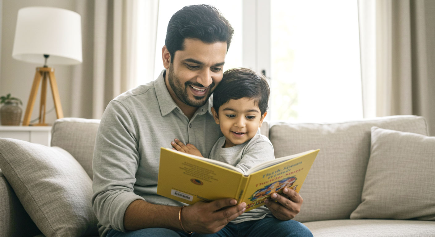 Bapa membaca buku bersama anak di rumah dengan suasana mesra, melambangkan pembentukan sahsiah positif dan keyakinan diri sejak kecil.