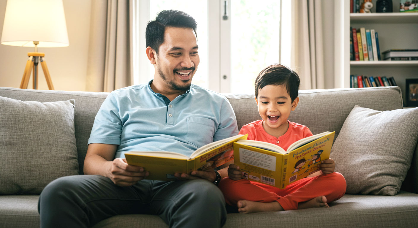 Seorang bapa dan anak lelaki sedang membaca bersama di ruang tamu dengan suasana ceria.