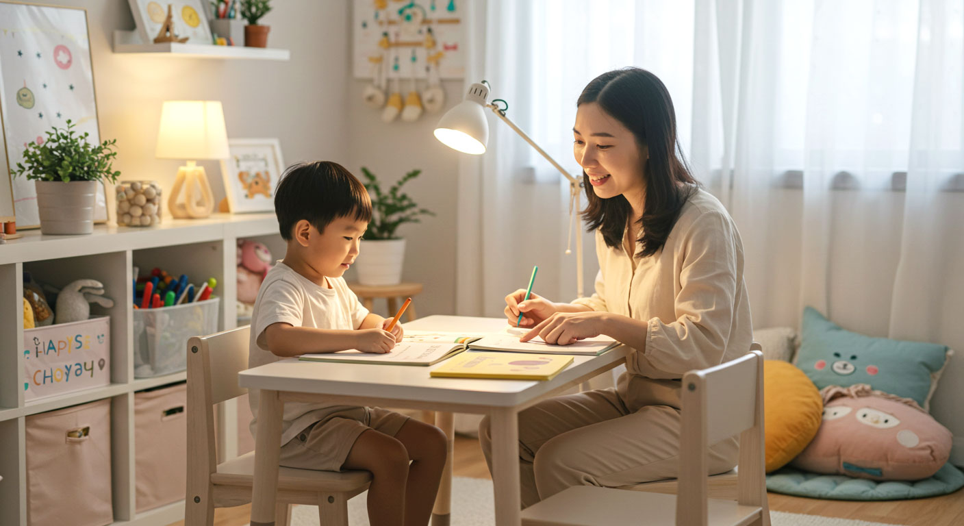 Seorang kanak-kanak sedang belajar di meja kecil bersama ibunya dalam suasana bilik yang cerah, kemas dan selesa.