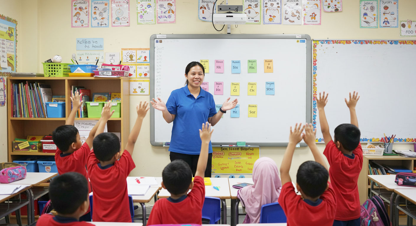 Guru mengajar murid membaca dua bahasa di sekolah dengan suasana kelas yang ceria.