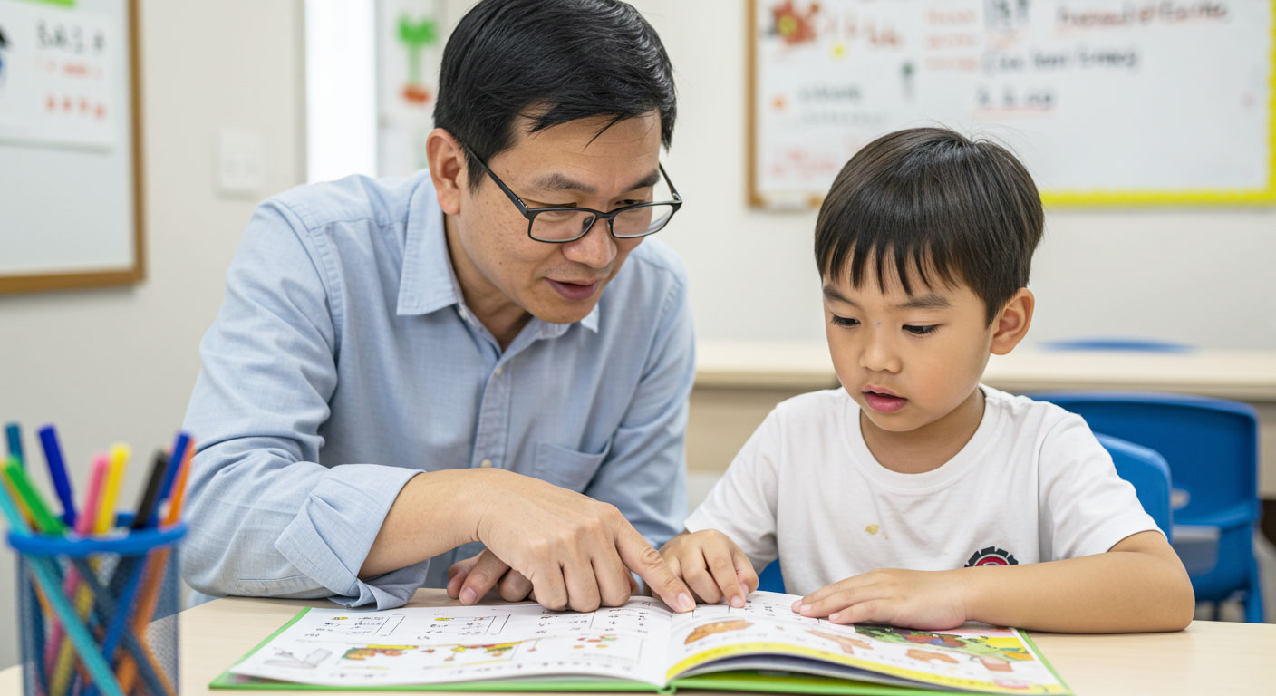 guru menunjuk perenggan ringkas dalam buku sambil anak fokus membaca, menunjukkan bagaimana teks kecil membantu anak belajar.