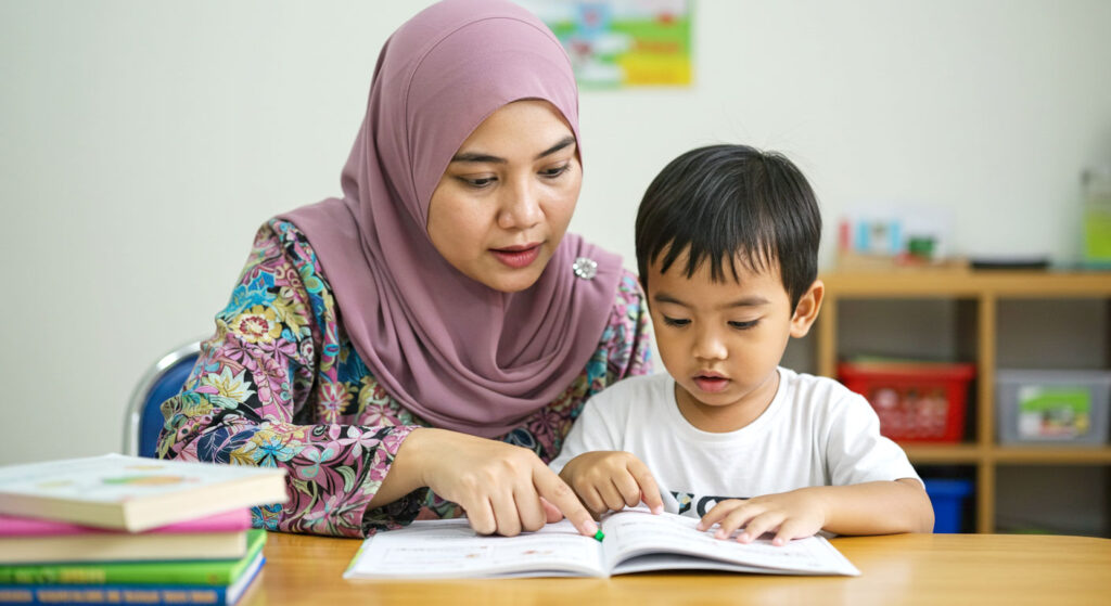 Seorang ibu bersungguh-sungguh memberi bimbingan kepada anaknya di meja belajar, menunjukkan pentingnya bimbingan ibu ajar anak belajar.
