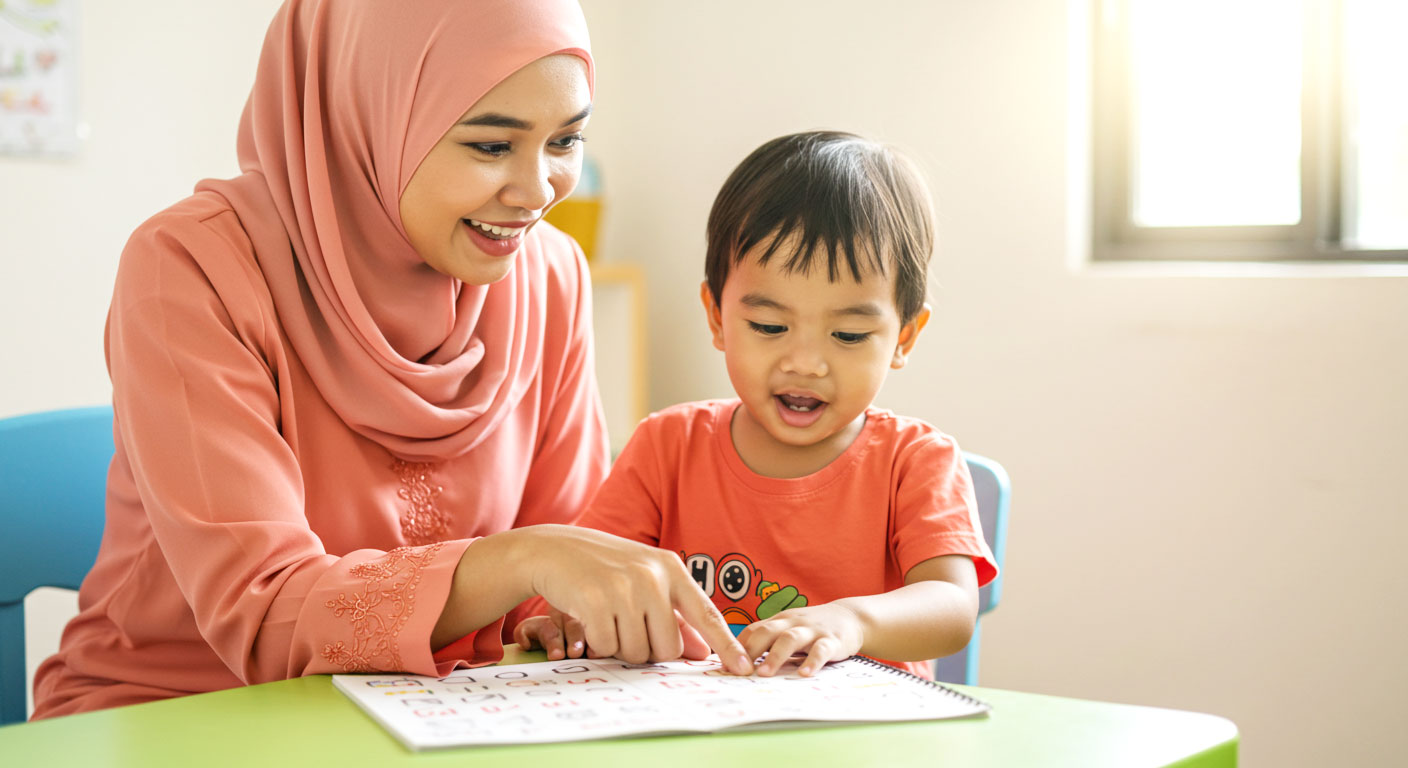 Seorang ibu membimbing anak kecil menulis dan mengeja huruf di buku latihan dengan suasana ceria.