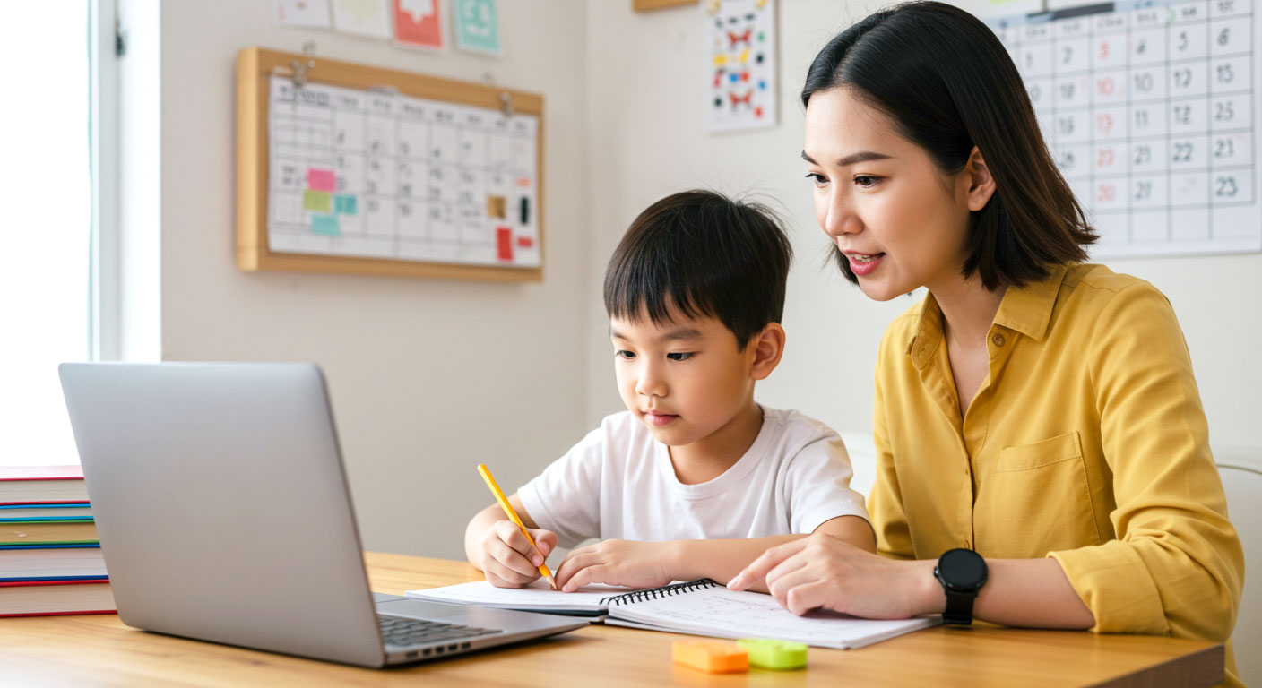 Ibu duduk di sebelah anak sambil memantau pembelajaran online di rumah.