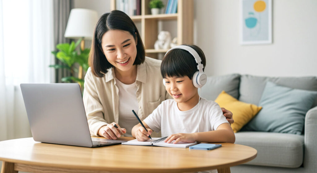 Ibu menemani anak mengikuti kelas online di ruang tamu rumah dengan laptop dan buku nota