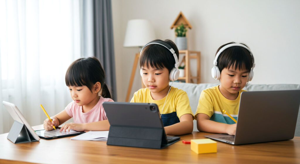 Kanak-kanak pelbagai umur sedang belajar online bersama di rumah dengan suasana ceria