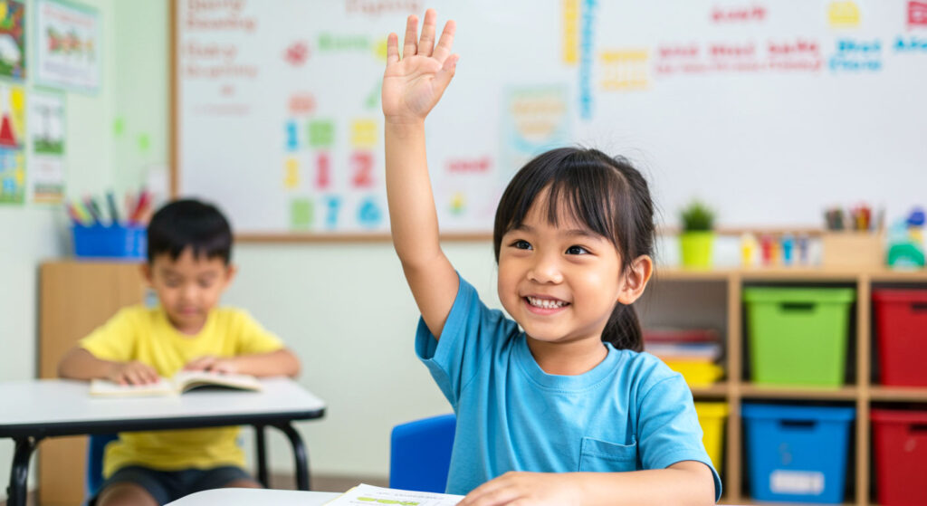 Kanak-kanak Asia ceria mengangkat tangan dengan yakin di dalam kelas selepas membaca, menunjukkan keyakinan diri dan kebahagiaan.