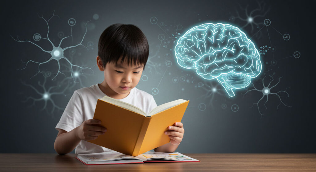 Kanak-kanak sedang membaca buku dengan fokus, sambil ilustrasi otak dan neuron bercahaya muncul di latar melambangkan rangsangan minda.