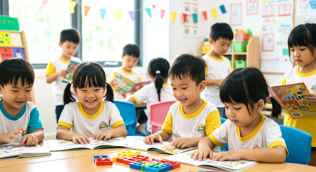 Sekumpulan murid sedang membaca dan bermain bersama rakan sekelas dalam suasana kelas yang ceria dan penuh warna.