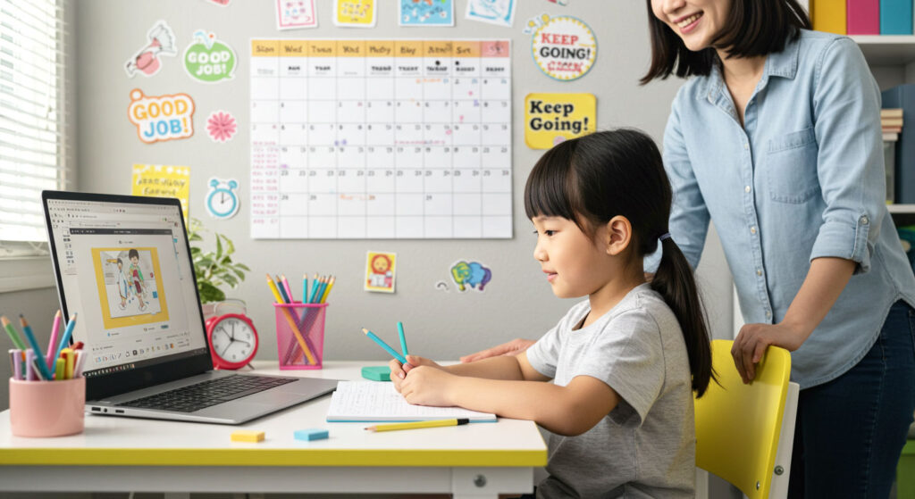Anak belajar online di meja penuh hiasan sokongan dengan ibu bapa memberi semangat.