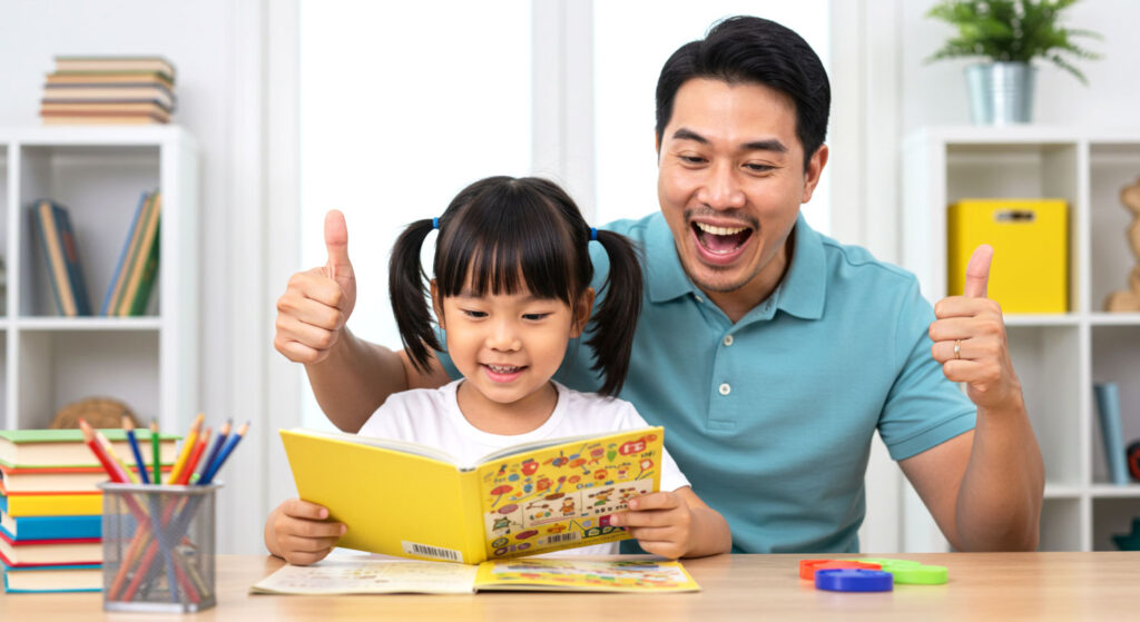 Seorang anak sedang membaca buku dengan fokus sambil ayah di sebelah memberi thumbs up dengan wajah sangat gembira.