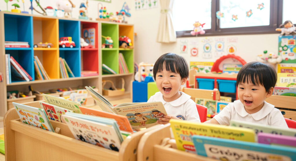 Kanak-kanak tadika seronok membaca buku cerita tradisional di sudut bacaan penuh warna dengan rak buku yang tersusun.