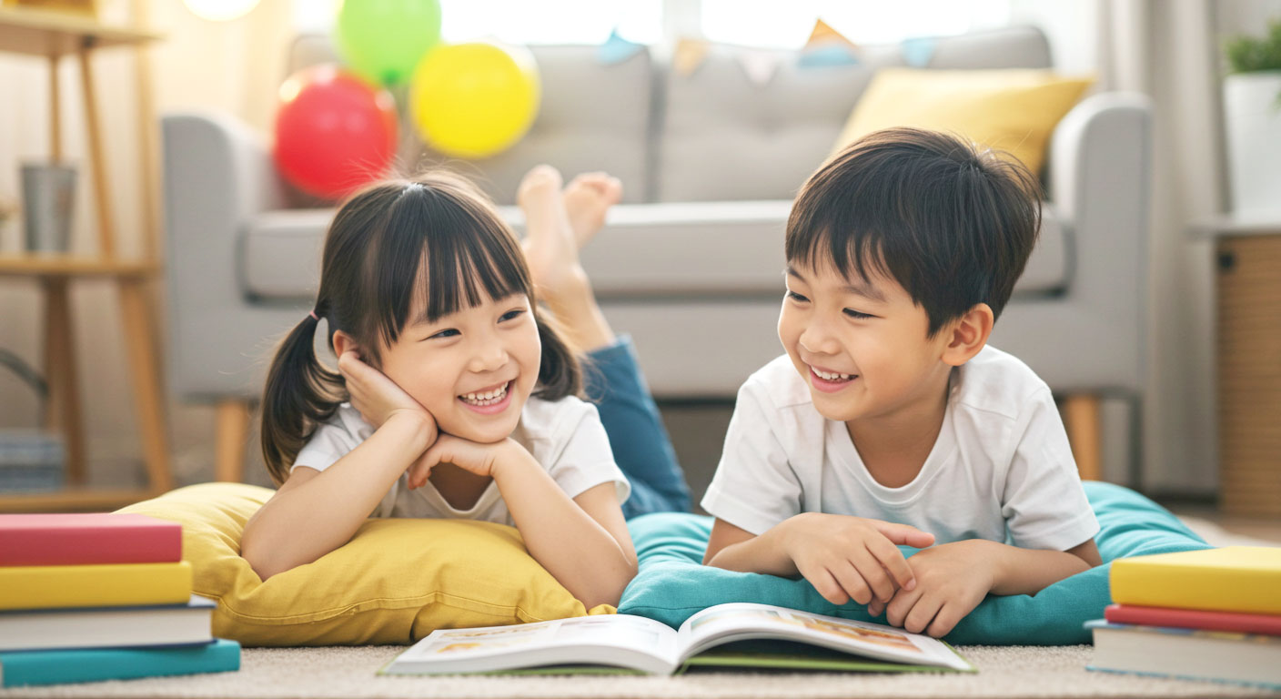 Dua orang adik-beradik sedang membaca buku bersama dengan ceria di ruang belajar.