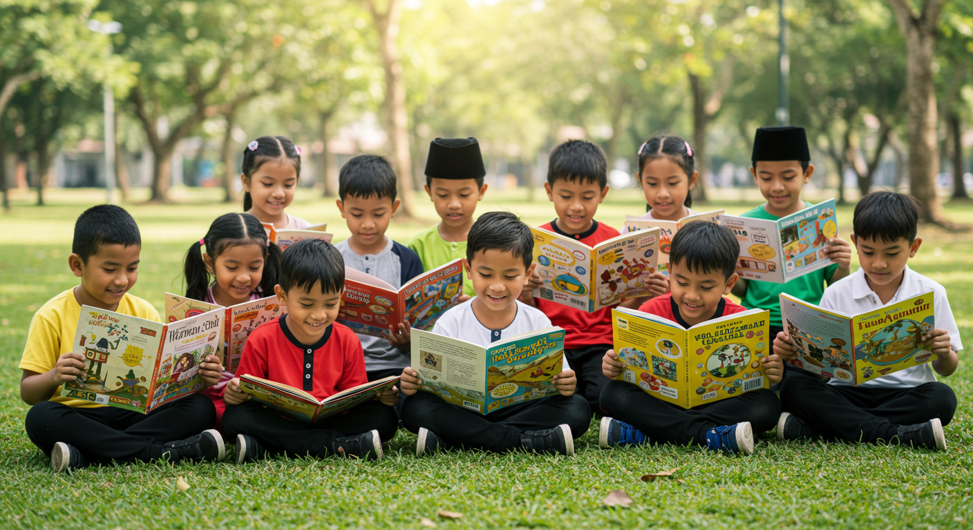 Sekumpulan kanak-kanak sedang membaca buku bersama-sama di taman dengan suasana ceria.