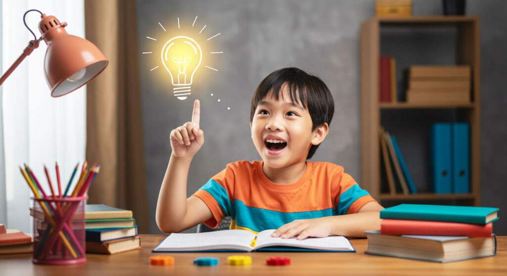 Seorang kanak-kanak mendapat idea sambil duduk di meja belajar dengan cahaya mentol menyala di atas kepalanya.