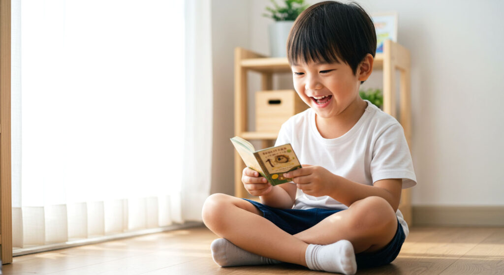 Budak lelaki sedang membaca buku di ruang rumah dengan fokus.