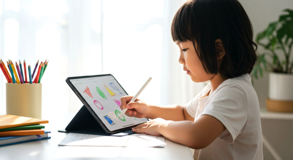 Seorang kanak-kanak perempuan sedang melukis menggunakan iPad dengan stylus di meja belajar.