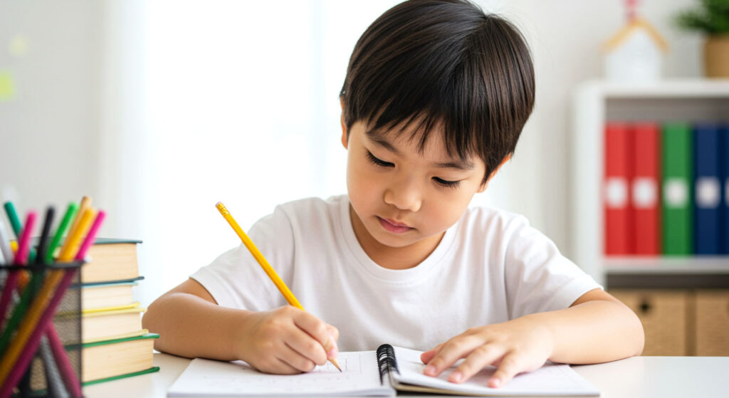 Seorang kanak-kanak lelaki sedang menulis dengan tekun di meja belajar.