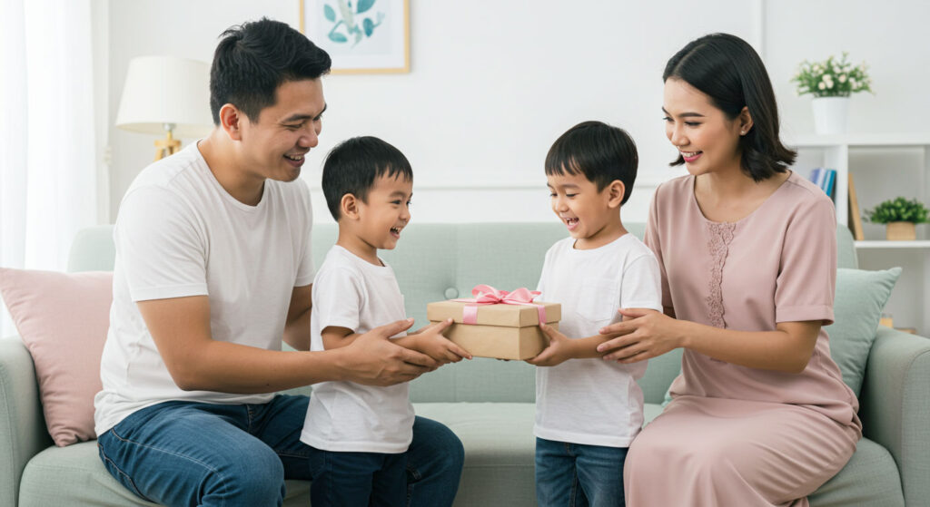 Ibu bapa memberi hadiah kepada anak sebagai tanda pujian dan penghargaan di rumah.