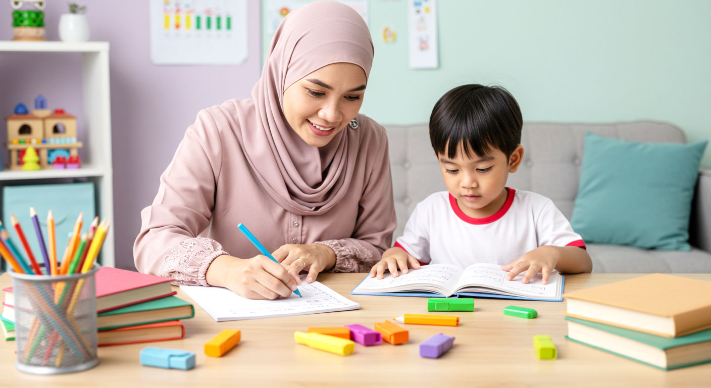 Seorang ibu mencatat kemajuan membaca anak di meja belajar sambil anak membaca buku
