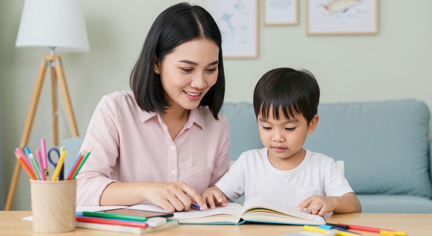 Ibu memantau anak kecil yang sedang membaca buku di rumah dengan penuh perhatian.