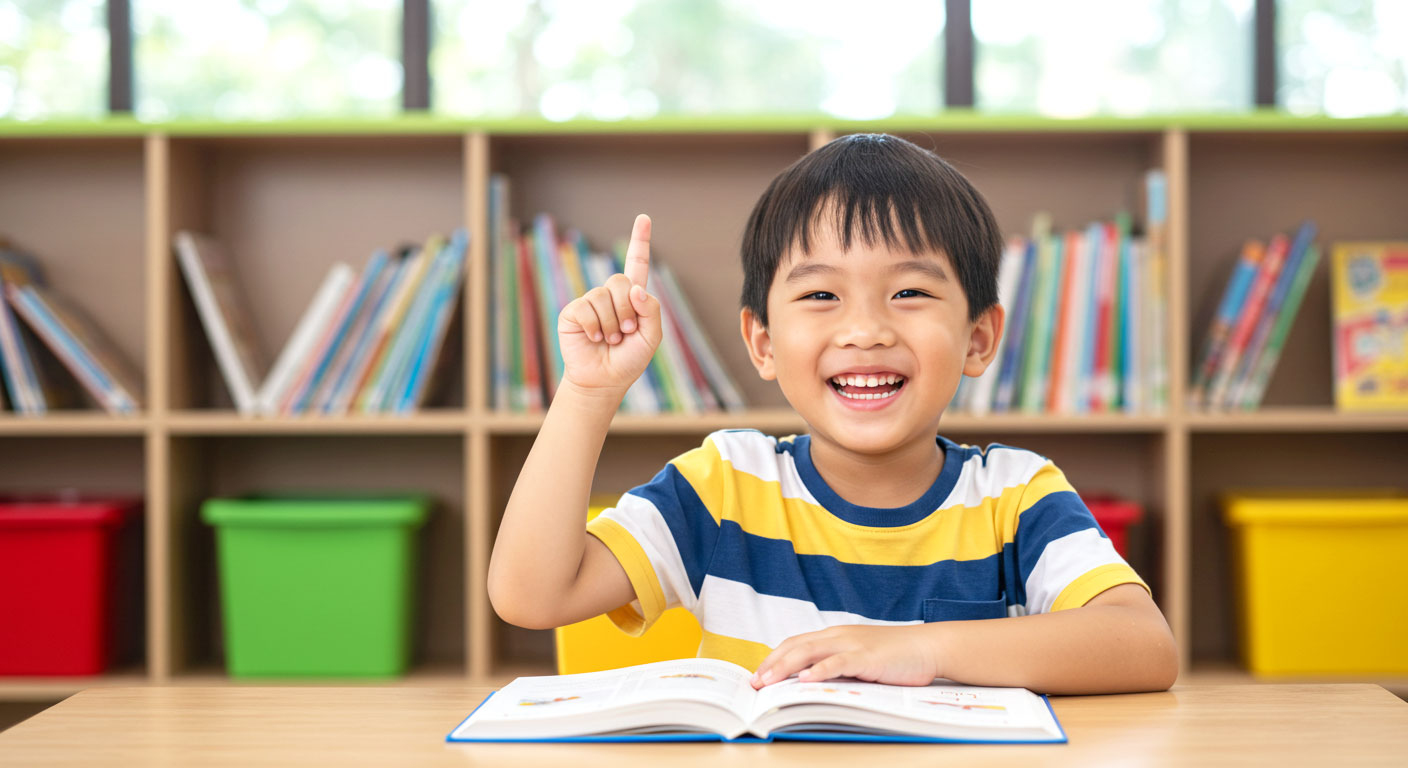 Kanak-kanak gembira membaca buku sambil mengangkat jari tanda mendapat idea di perpustakaan.