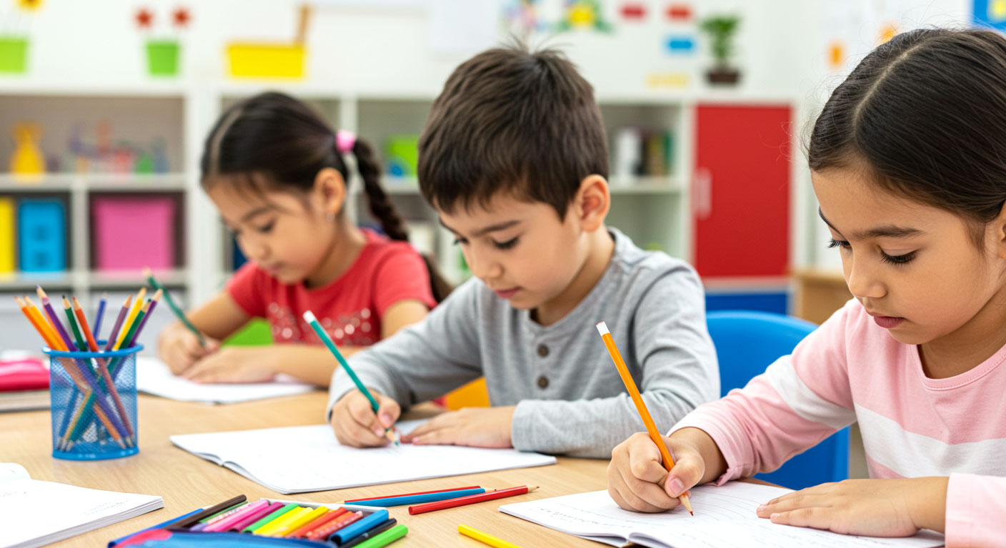 Kanak-kanak di tadika sedang menulis bersama dengan fokus dan ceria