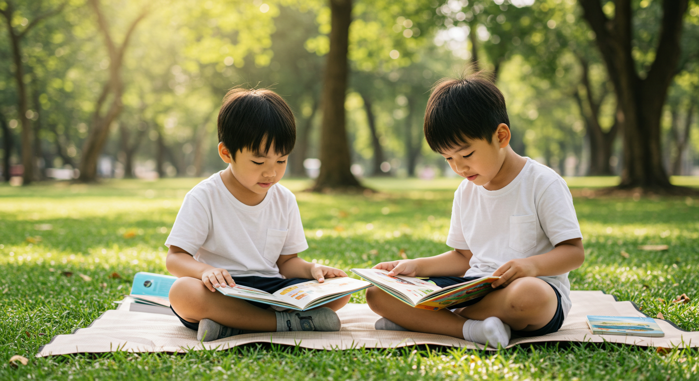 Dua kanak-kanak sedang membaca buku di atas tikar di taman dengan suasana ceria.