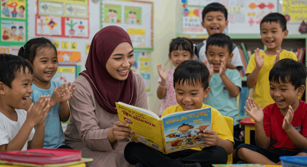 Seorang guru dan rakan-rakan sebaya memberi galakan kepada murid membaca dengan penuh semangat di dalam kelas.