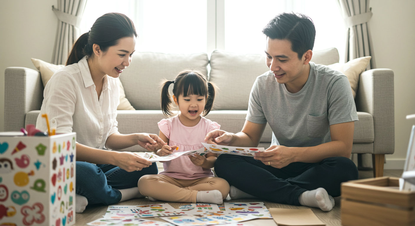 Ibu bapa duduk bersama anak kecil sambil menunjukkan pilihan dekorasi seperti pelekat dinding, bantal dan poster untuk ruang bacaan.