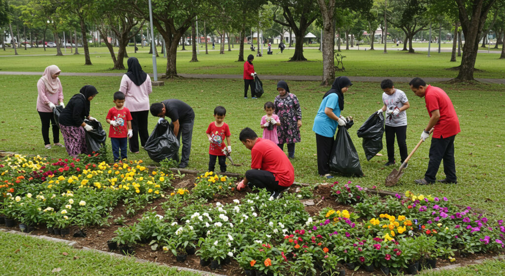 Sekumpulan keluarga Malaysia bergotong-royong membersihkan taman dengan mengutip sampah dan menanam bunga, simbol nilai murni masyarakat.