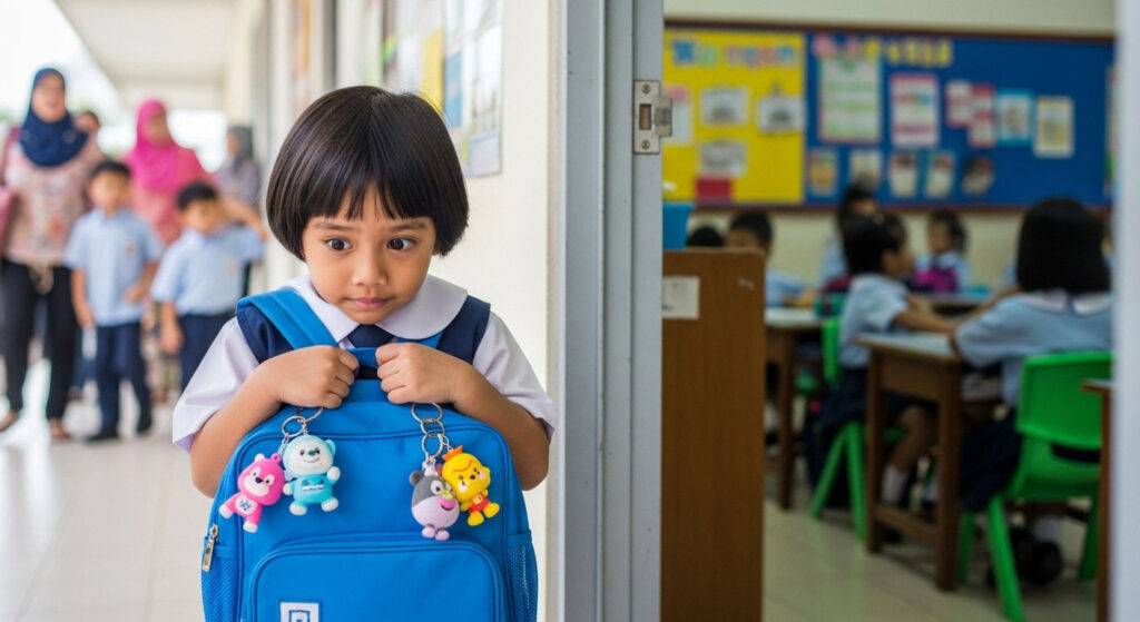 Anak 6 tahun berdiri di depan pintu kelas sambil memegang beg sekolah dengan wajah malu-malu dan sedikit gementar.