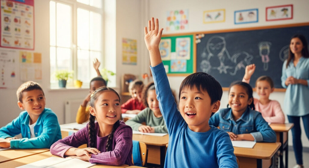 Kanak-kanak Asia mengangkat tangan dengan penuh semangat untuk bertanya soalan semasa kelas, disambut senyuman rakan sekelas.