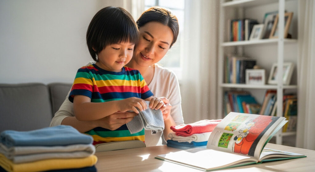 Kanak-kanak membantu ibu melipat baju di rumah selepas membaca cerita tentang tanggungjawab dan tolong-menolong.