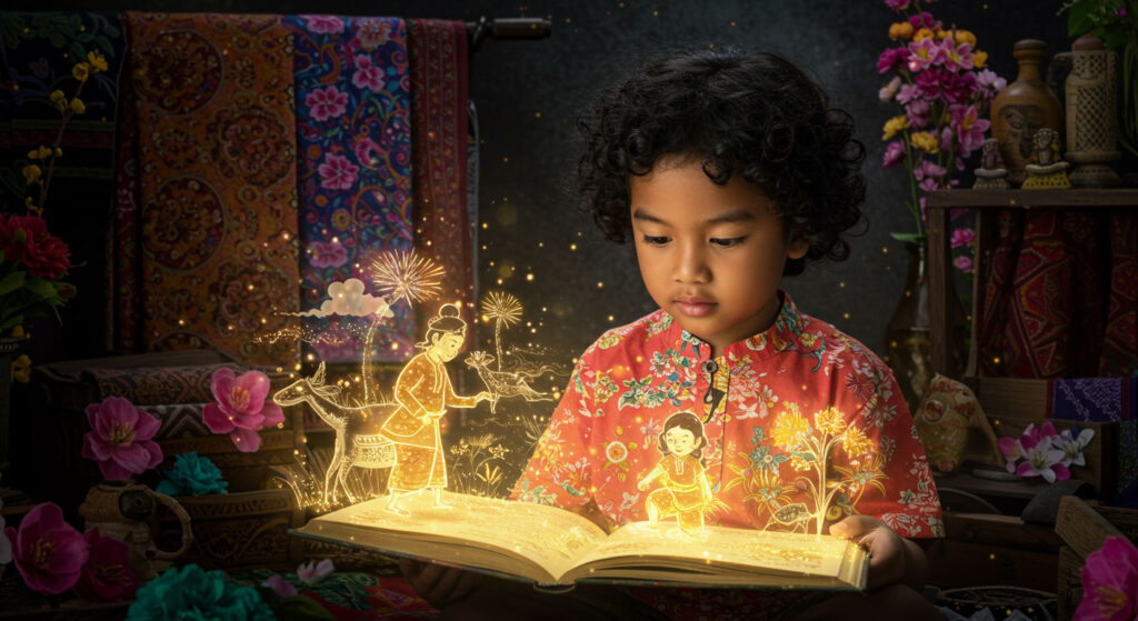 Kanak-kanak membaca buku cerita rakyat dengan ilustrasi bercahaya Sang Kancil dan elemen budaya, melambangkan rasa bangga terhadap warisan.