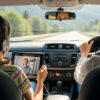 Kanak-kanak mengikuti kelas online di tempat duduk belakang kereta semasa road trip bersama keluarga, menunjukkan semangat belajar fleksibel.