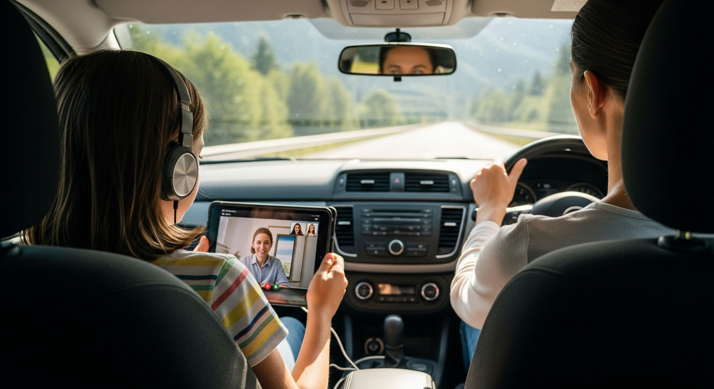 Kanak-kanak mengikuti kelas online di tempat duduk belakang kereta semasa road trip bersama keluarga, menunjukkan semangat belajar fleksibel.