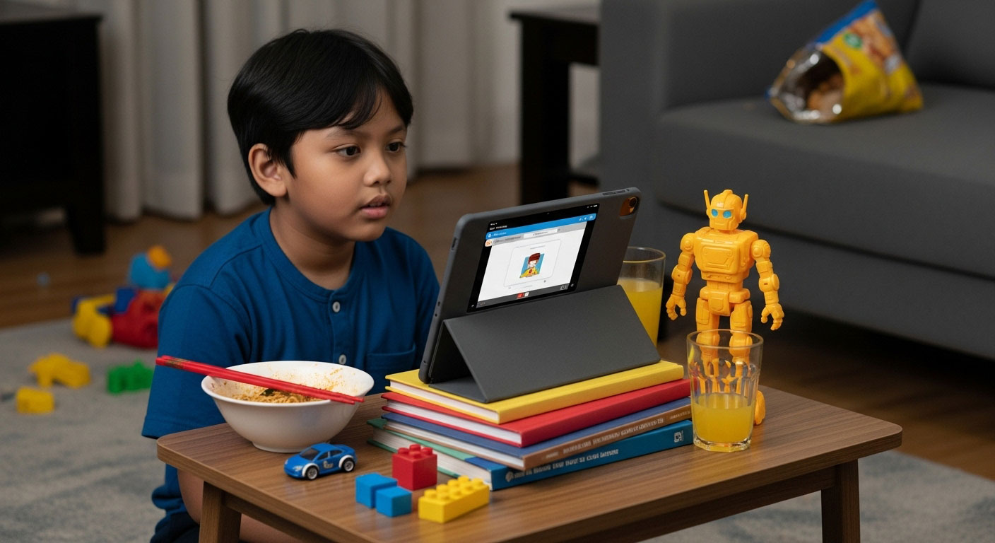 Kanak-kanak Melayu belajar online di meja berselerak dengan mainan dan makanan, menunjukkan ruang belajar yang tidak tersusun.