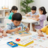 Kanak-kanak bermain permainan pendidikan seperti puzzle dan kad huruf dalam suasana tadika ceria dan penuh warna.