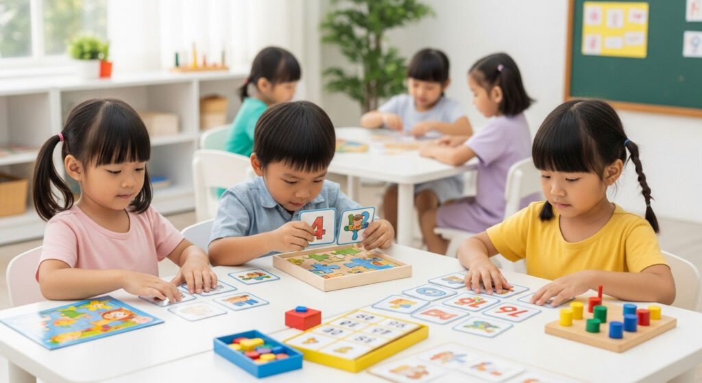 Kanak-kanak bermain permainan pendidikan seperti puzzle dan kad huruf dalam suasana tadika ceria dan penuh warna.